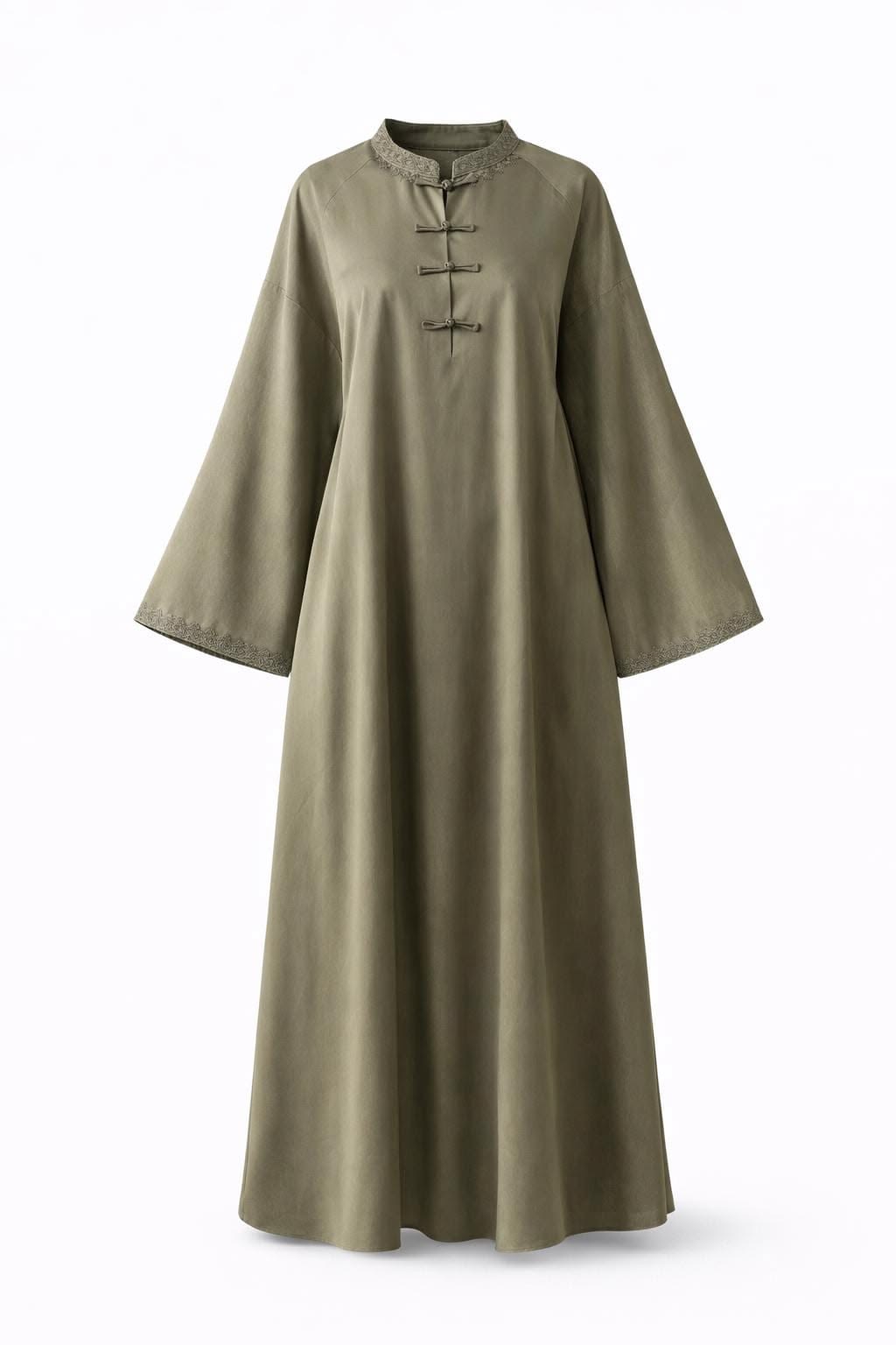 Zaytoon frog-button kaftan in olive, mandarin collar with embroidered trim