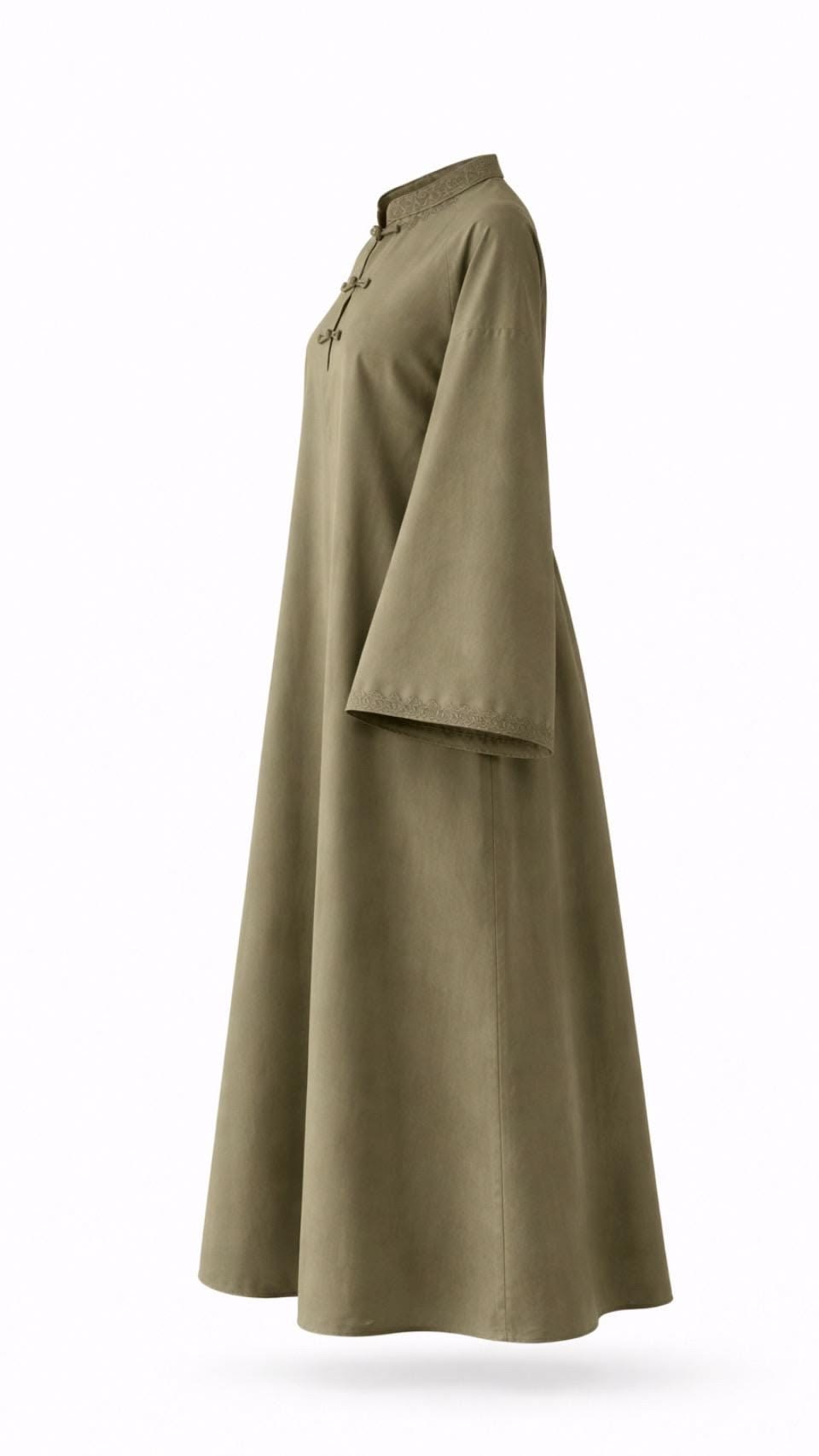 Layl mandarin-collar kaftan in olive, side silhouette