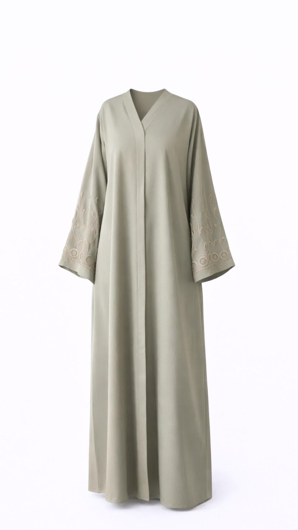Waraq vine-embroidered open abaya in sage green
